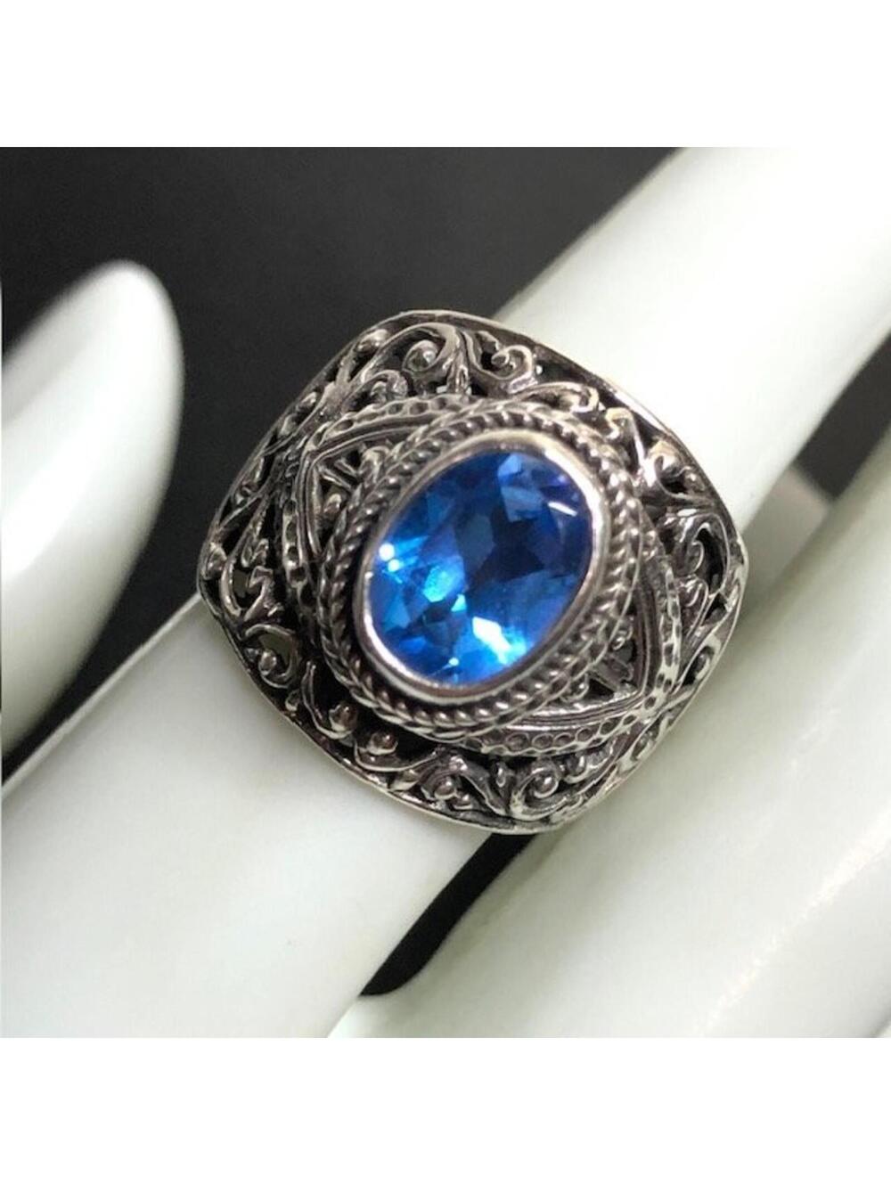 9660 Sarda Balinese Artisan Sterling Silver Deep Blue topaz ring sz 7